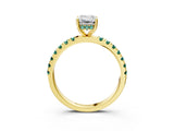 Yellow gold Emerald Cut Diamond Pave Band Solitaire Ring with Round with Green Sapphire side stone and Prong Setting_27