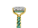Yellow gold Emerald Cut Diamond Pave Band Solitaire Ring with Round with Green Sapphire side stone and Prong Setting_29