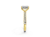 Yellow gold Emerald Cut Diamond Pave Band Solitaire Ring with Round with Moissanite side stone and Prong Setting_26