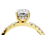 Yellow gold Emerald Cut Diamond Pave Band Solitaire Ring with Round with Moissanite side stone and Prong Setting_28
