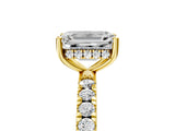 Yellow gold Emerald Cut Diamond Pave Band Solitaire Ring with Round with Moissanite side stone and Prong Setting_29