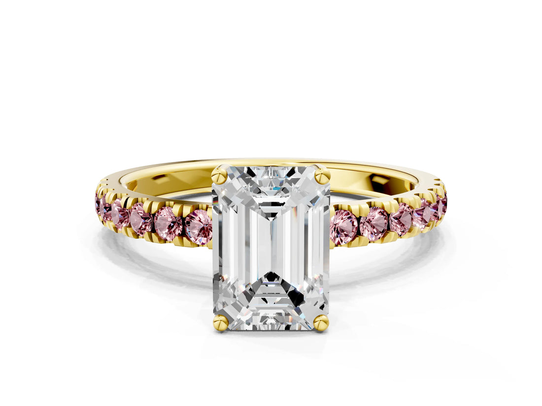 Yellow gold Emerald Cut Diamond Pave Band Solitaire Ring with Round with Morganite side stone and Prong Setting_12