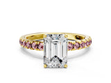 Yellow gold Emerald Cut Diamond Pave Band Solitaire Ring with Round with Morganite side stone and Prong Setting_12
