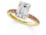Yellow gold Emerald Cut Diamond Pave Band Solitaire Ring with Round with Morganite side stone and Prong Setting_13