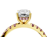 Yellow gold Emerald Cut Diamond Pave Band Solitaire Ring with Round with Morganite side stone and Prong Setting_16