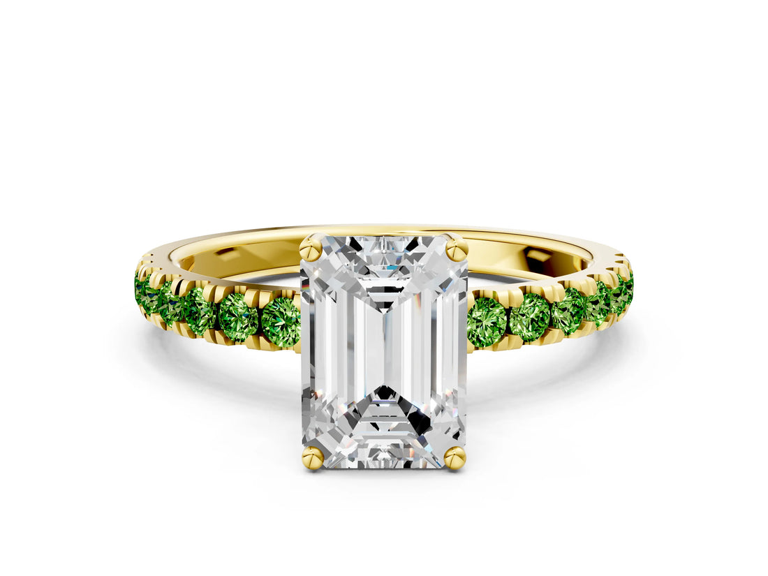 Yellow gold Emerald Cut Diamond Pave Band Solitaire Ring with Round with Peridot side stone and Prong Setting