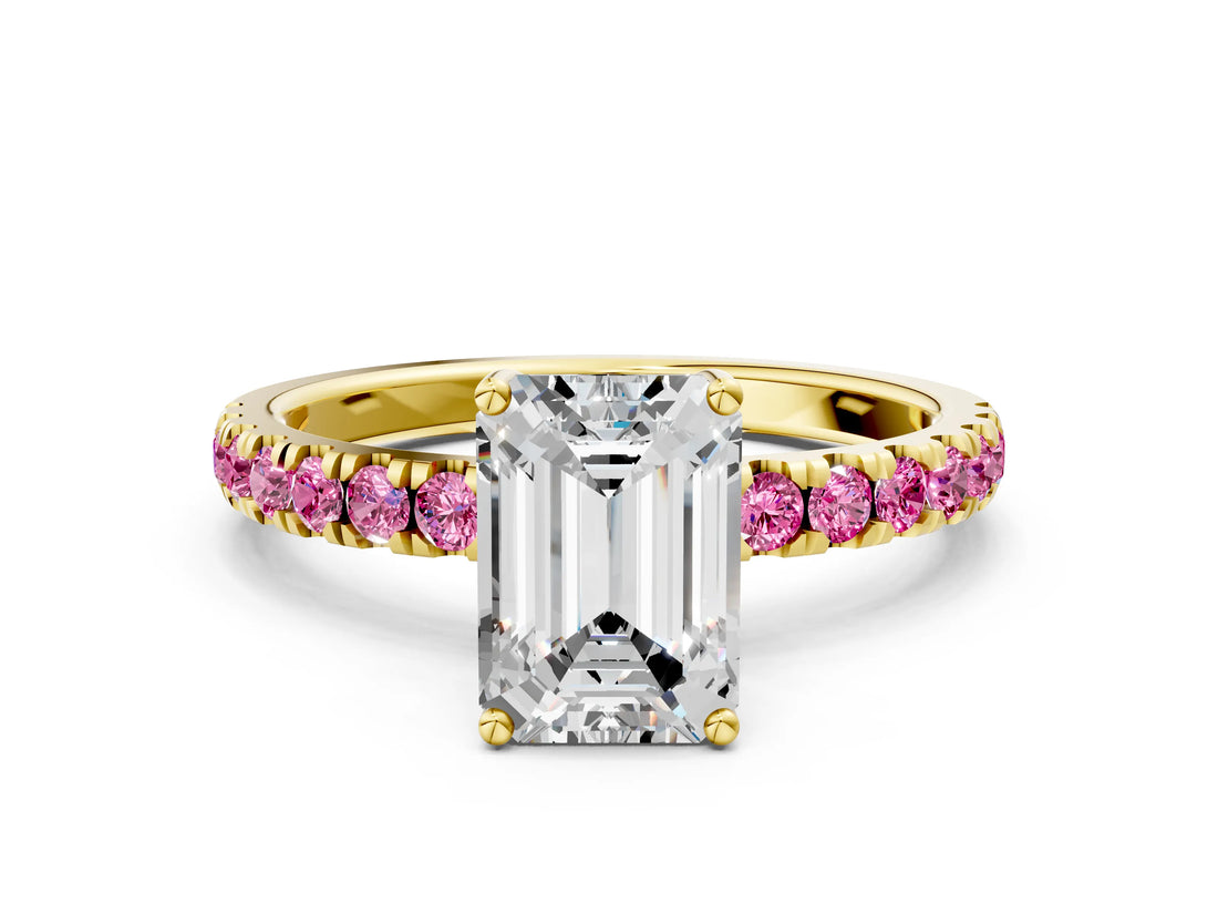 Yellow gold Emerald Cut Diamond Pave Band Solitaire Ring with Round with Pink Sapphire side stone and Prong Setting_12