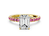 Yellow gold Emerald Cut Diamond Pave Band Solitaire Ring with Round with Pink Sapphire side stone and Prong Setting_12