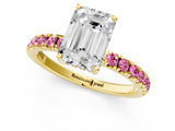 Yellow gold Emerald Cut Diamond Pave Band Solitaire Ring with Round with Pink Sapphire side stone and Prong Setting_13