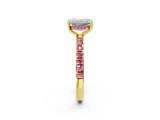 Yellow gold Emerald Cut Diamond Pave Band Solitaire Ring with Round with Pink Sapphire side stone and Prong Setting_14