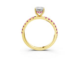 Yellow gold Emerald Cut Diamond Pave Band Solitaire Ring with Round with Pink Sapphire side stone and Prong Setting_15