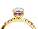 Yellow gold Emerald Cut Diamond Pave Band Solitaire Ring with Round with Pink Sapphire side stone and Prong Setting_16