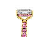 Yellow gold Emerald Cut Diamond Pave Band Solitaire Ring with Round with Pink Sapphire side stone and Prong Setting_17