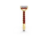 Yellow gold Emerald Cut Diamond Pave Band Solitaire Ring with Round with Ruby side stone and Prong Setting_14