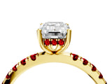 Yellow gold Emerald Cut Diamond Pave Band Solitaire Ring with Round with Ruby side stone and Prong Setting_16