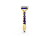 Yellow gold Emerald Cut Diamond Pave Band Solitaire Ring with Round with Tanzanite side stone and Prong Setting_2