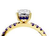 Yellow gold Emerald Cut Diamond Pave Band Solitaire Ring with Round with Tanzanite side stone and Prong Setting_4