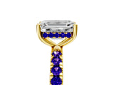 Yellow gold Emerald Cut Diamond Pave Band Solitaire Ring with Round with Tanzanite side stone and Prong Setting_5