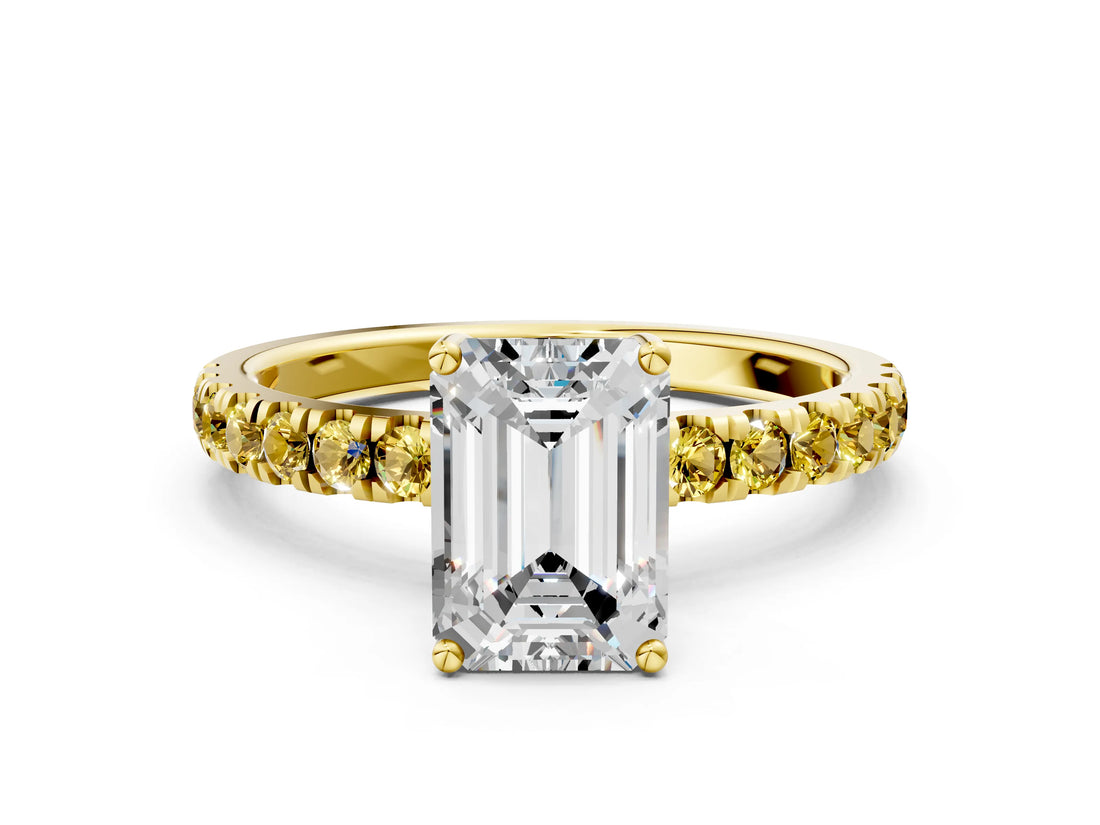 Yellow gold Emerald Cut Diamond Pave Band Solitaire Ring with Round with Yellow Sapphire side stone and Prong Setting_12