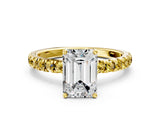 Yellow gold Emerald Cut Diamond Pave Band Solitaire Ring with Round with Yellow Sapphire side stone and Prong Setting_12