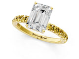 Yellow gold Emerald Cut Diamond Pave Band Solitaire Ring with Round with Yellow Sapphire side stone and Prong Setting_13