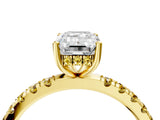 Yellow gold Emerald Cut Diamond Pave Band Solitaire Ring with Round with Yellow Sapphire side stone and Prong Setting_16