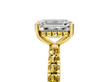 Yellow gold Emerald Cut Diamond Pave Band Solitaire Ring with Round with Yellow Sapphire side stone and Prong Setting_17