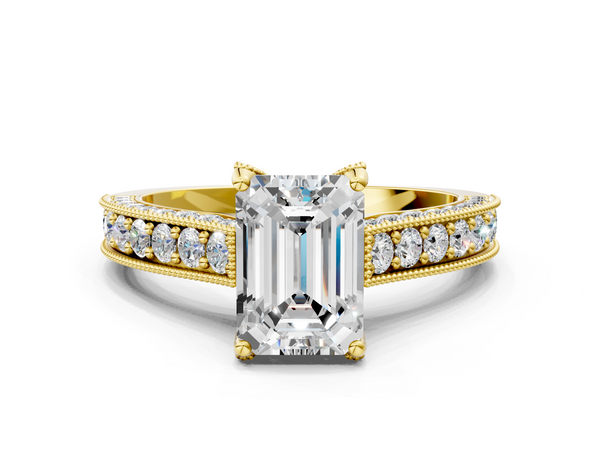 Yellow gold Emerald Cut Diamond Solitaire Ring with Milgrain Pave Band and Four Prong Setting