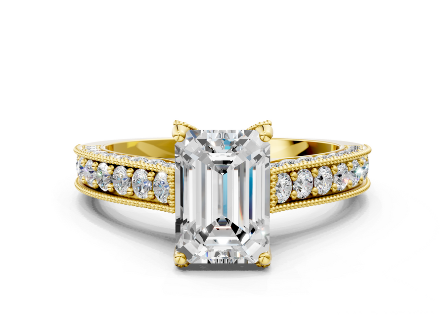 Yellow gold Emerald Cut Diamond Solitaire Ring with Milgrain Pave Band and Four Prong Setting
