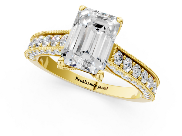 Yellow gold Emerald Cut Diamond Solitaire Ring with Milgrain Pave Band and Four Prong Setting