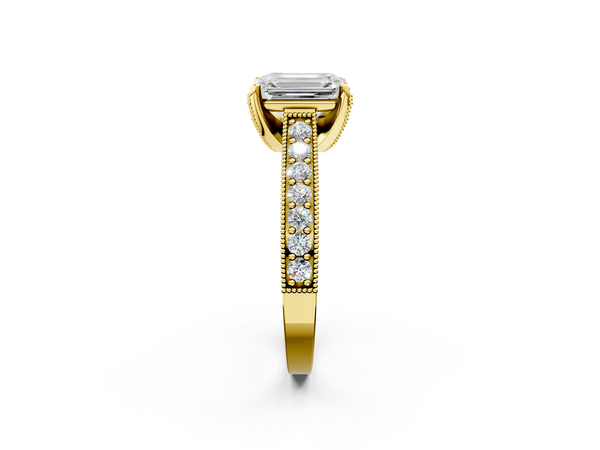 Yellow gold Emerald Cut Diamond Solitaire Ring with Milgrain Pave Band and Four Prong Setting