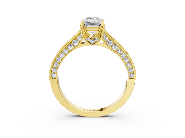 Yellow gold Emerald Cut Diamond Solitaire Ring with Milgrain Pave Band and Four Prong Setting