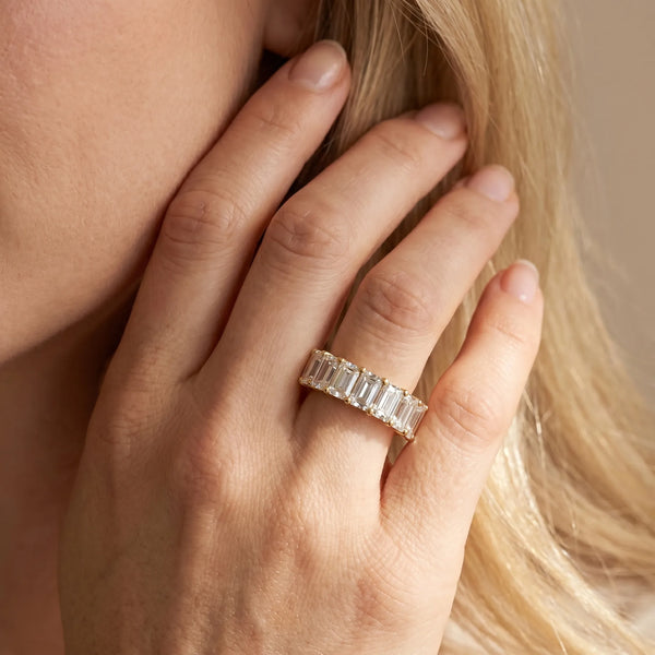 Yellow gold Emerald Cut Diamond Prong-Set Half Eternity Band