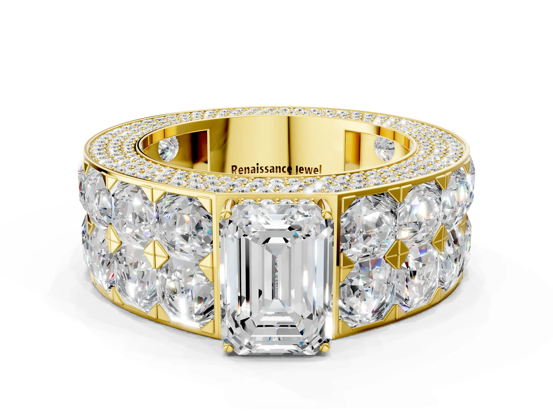 Yellow gold Emerald Cut Diamond Radiant Pavé Mens Ring