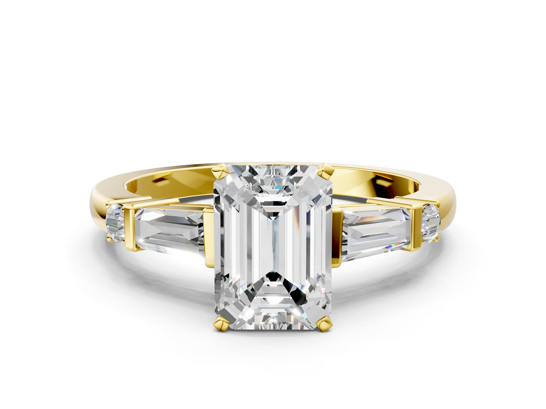 Yellow gold Emerald Cut Diamond Ring with Baguette Side Stones, Channel Set Band, and Four-Prong Setting_17