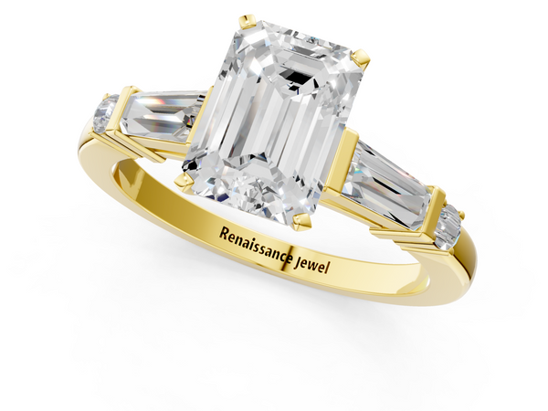 Yellow gold Emerald Cut Diamond Ring with Baguette Side Stones, Channel Set Band, and Four-Prong Setting