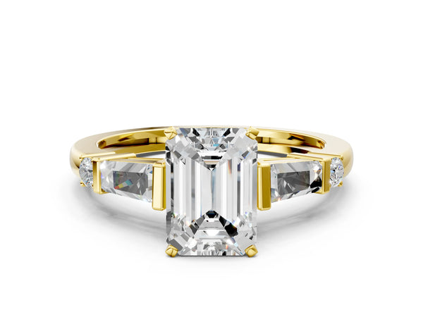 Yellow gold Emerald Cut Diamond Ring with Baguette Side Stones, Channel Set Band, and Four-Prong Setting
