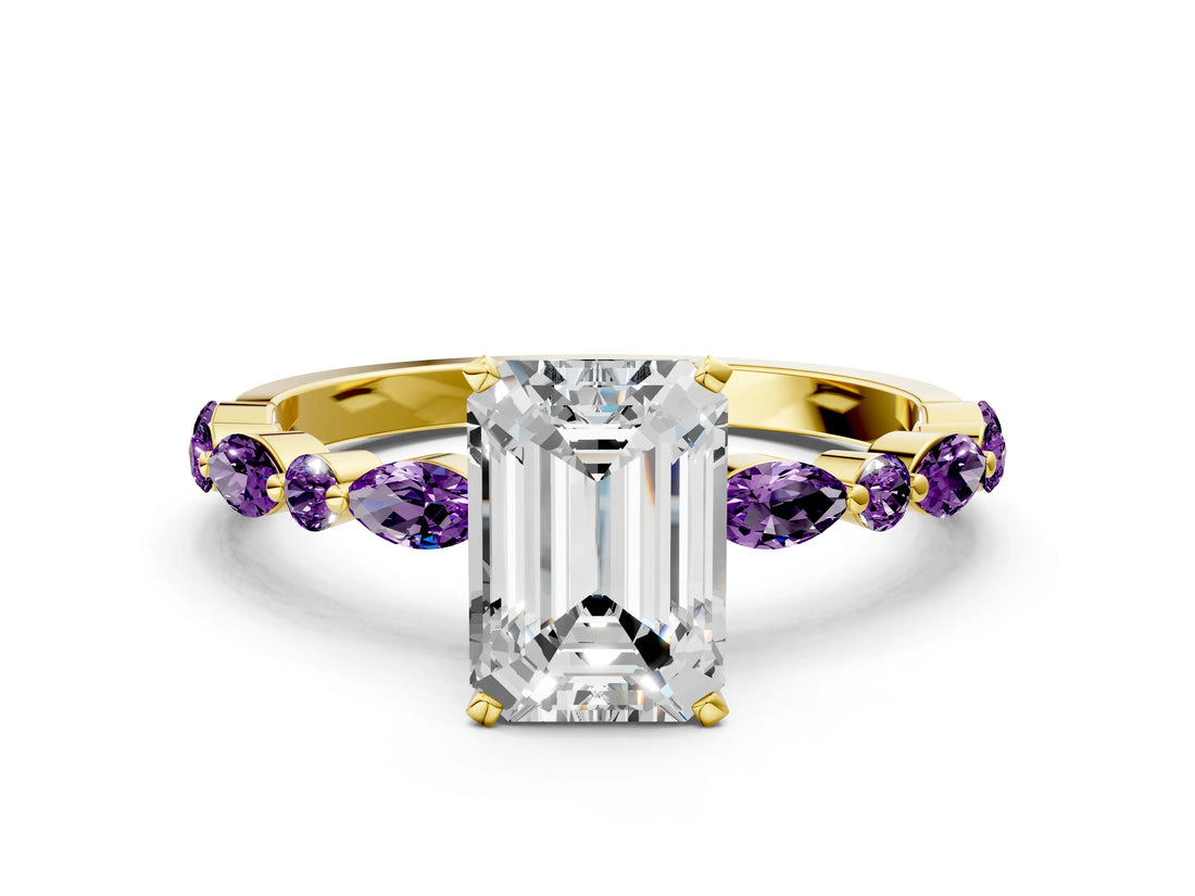 Yellow gold Emerald Cut Diamond Ring with Marquise and Round with Amethyst side stone Side Stones and Four-Prong Setting_24