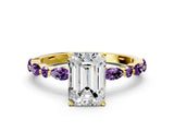 Yellow gold Emerald Cut Diamond Ring with Marquise and Round with Amethyst side stone Side Stones and Four-Prong Setting_24