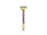 Yellow gold Emerald Cut Diamond Ring with Marquise and Round with Amethyst side stone Side Stones and Four-Prong Setting_26