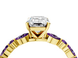 Yellow gold Emerald Cut Diamond Ring with Marquise and Round with Amethyst side stone Side Stones and Four-Prong Setting_28