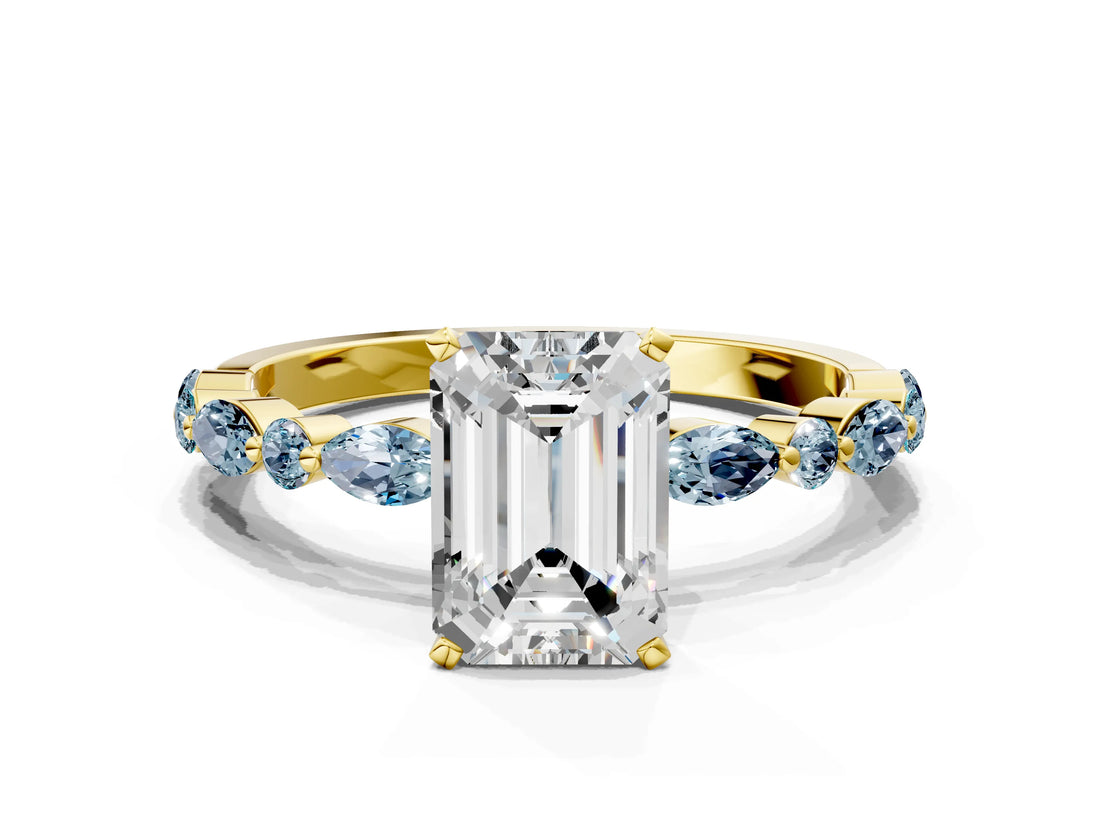 Yellow gold Emerald Cut Diamond Ring with Marquise and Round with Aquamarine side stone Side Stones and Four-Prong Setting_12