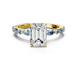Yellow gold Emerald Cut Diamond Ring with Marquise and Round with Aquamarine side stone Side Stones and Four-Prong Setting_12