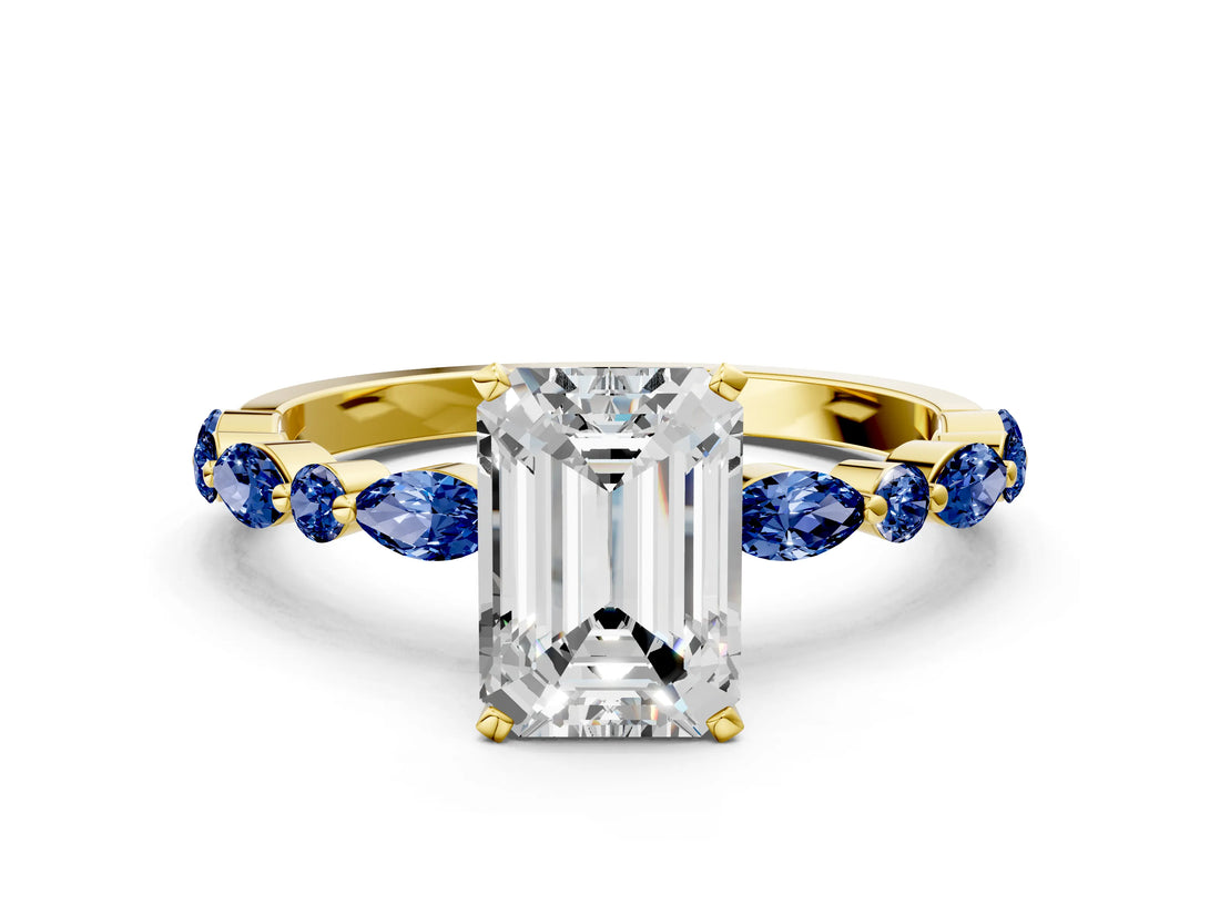 Yellow gold Emerald Cut Diamond Ring with Marquise and Round with Blue Sapphire side stone Side Stones and Four-Prong Setting_48
