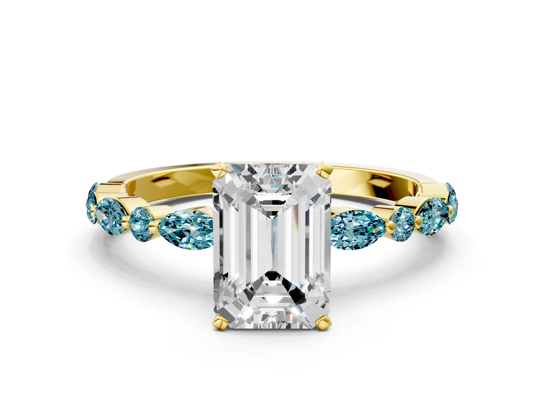 Yellow gold Emerald Cut Diamond Ring with Marquise and Round with Blue Topaz side stone Side Stones and Four-Prong Setting_24
