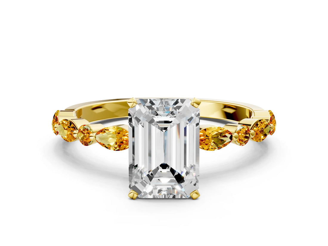 Yellow gold Emerald Cut Diamond Ring with Marquise and Round with Citrine side stone Side Stones and Four-Prong Setting_12