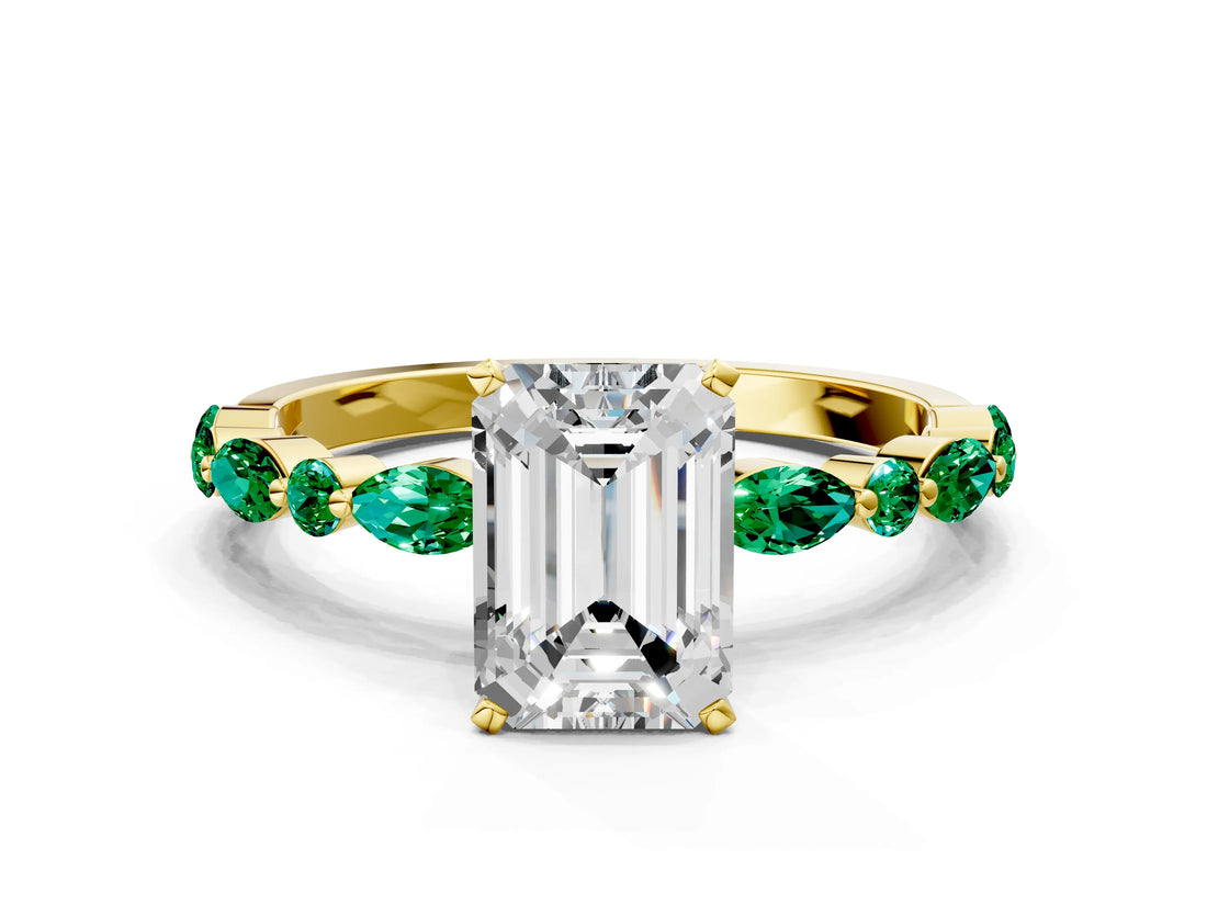 Yellow gold Emerald Cut Diamond Ring with Marquise and Round with Emerald side stone Side Stones and Four-Prong Setting_48