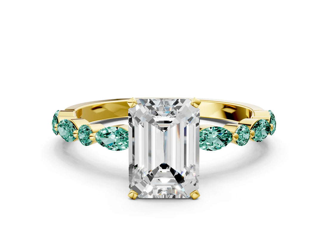 Yellow gold Emerald Cut Diamond Ring with Marquise and Round with Green Sapphire side stone Side Stones and Four-Prong Setting_12