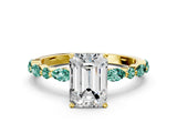Yellow gold Emerald Cut Diamond Ring with Marquise and Round with Green Sapphire side stone Side Stones and Four-Prong Setting_12