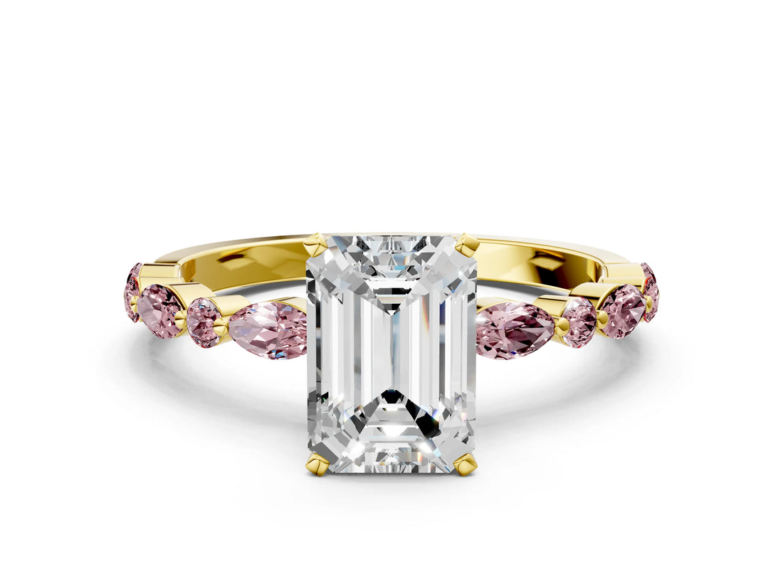 Yellow gold Emerald Cut Diamond Ring with Marquise and Round with Morganite side stone Side Stones and Four-Prong Setting_24